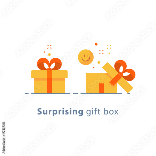 Prize give away, surprising gift, emotional present, fun experience, gift idea concept, flat icon