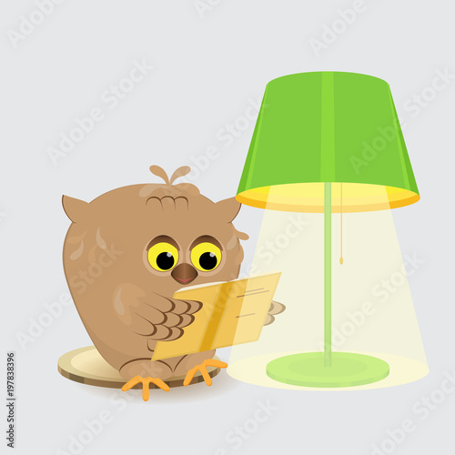 cute wise owl sitting at the lamp with a lampshade and reading a
