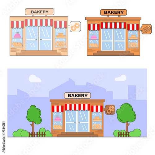 Fototapeta Naklejka Na Ścianę i Meble -  bakery storefront. city landscapeand bakery store front in flat lay style vector illustration