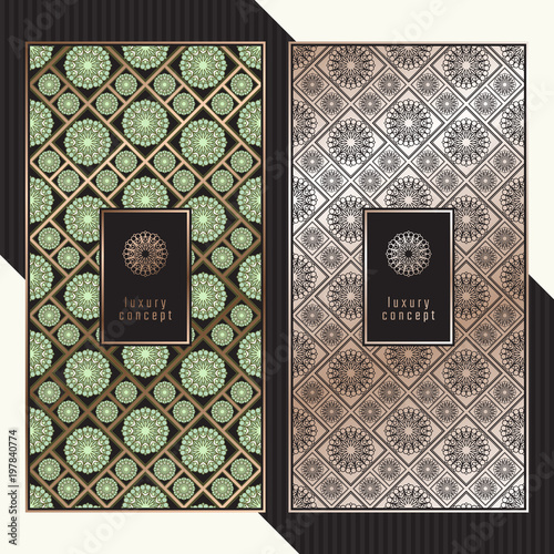 Luxury cards. Vector menu concept with floral pattern. Premium packaging design with golden logo.