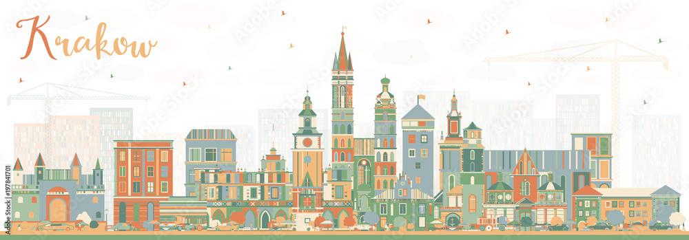 Obraz premium Krakow Poland City Skyline with Color Buildings.