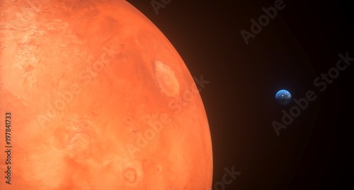 Fototapeta Naklejka Na Ścianę i Meble -  3D Rendering Of  High Detailed Mars Planet With View To The Earth Globe At The Back The Elements Of This Image Furnished By 

NASA