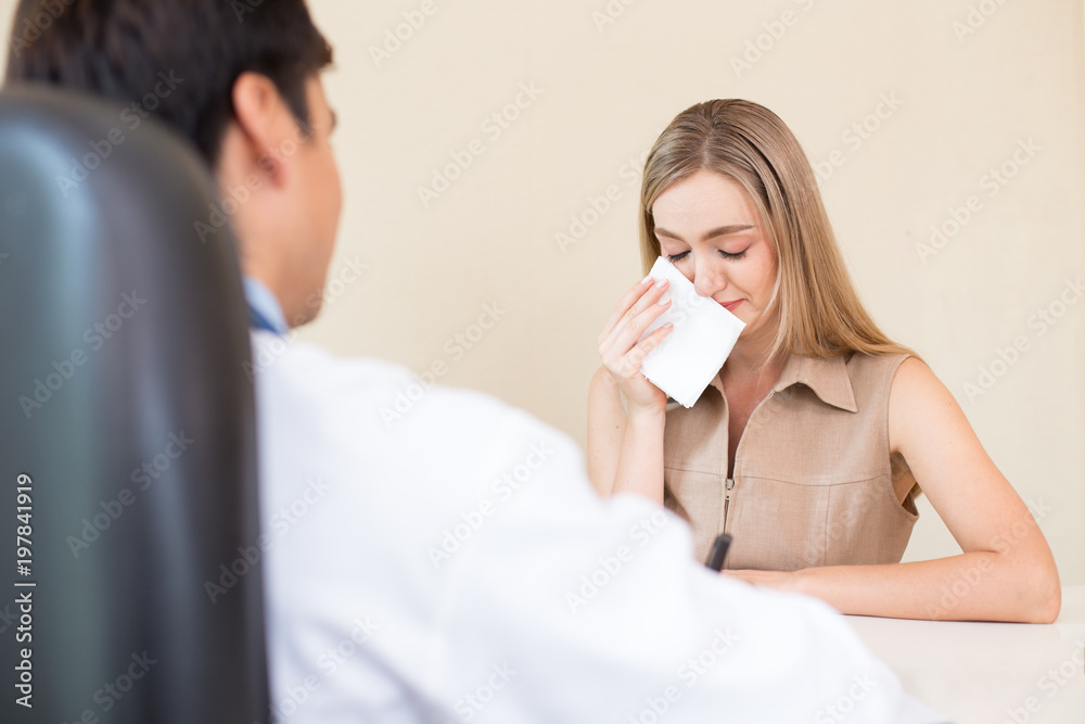 Portrait of female go to see doctor with big problem at clinic. Medical and Health care concept. Portrait of female go to see doctor with big problem at clinic. Medical and Health care concept.