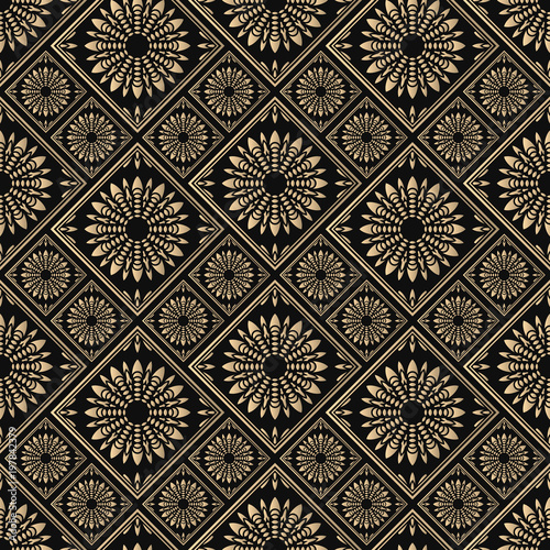 Islamic vector design. Seamless pattern oriental ornament. Black and golden textile print. Floral tiles.