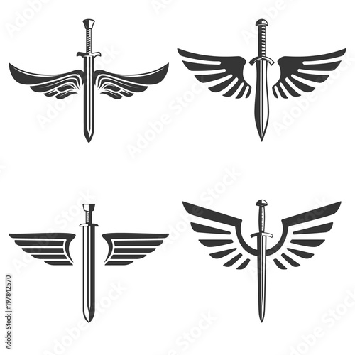 Set of emblems with medieval sword and wings. Design element for logo, label, emblem, sign.