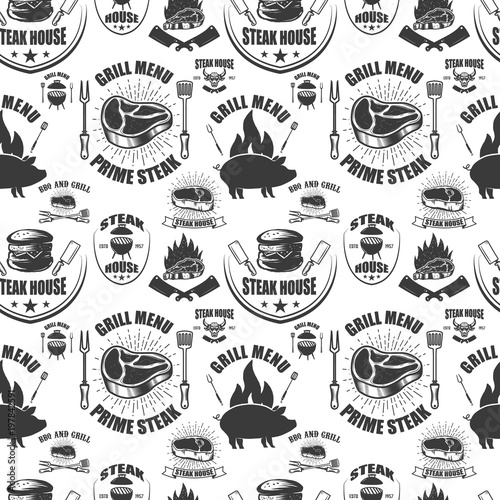 Seamless pattern with steak house symbols. Grill, bbq, fresh meat. Design element for poster, menu, flyer, banner, menu, package.