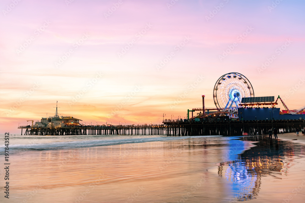 The Santa Monica Pier at sunset, Los Angeles, California.