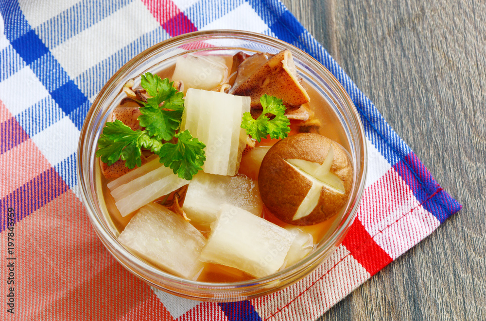 Soup with radish and dried squid is Thailand traditional food Soup with radish and dried squid is Thailand traditional food