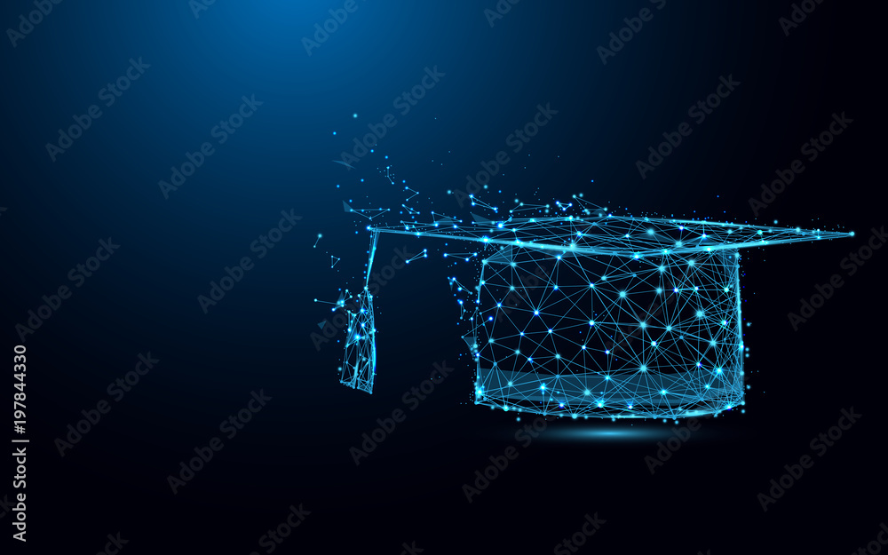 Abstract Graduation cap form lines and triangles, point connecting network on blue background. Illustration vector