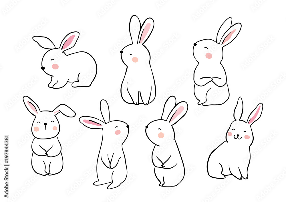 Fototapeta Narysuj wektor zestaw ilustracji projektowania znaków cute królika Doodle stylu