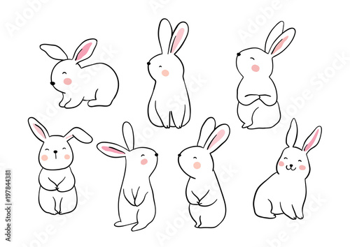 Print op canvas Draw vector illustration set character design of cute rabbit Doodle style