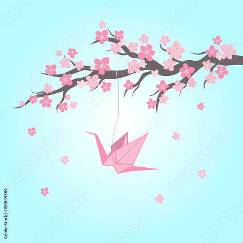 Cherry blossom with origami on blue background. Vector Illustration.