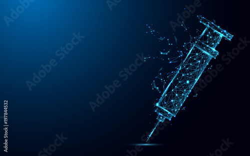 Abstract Syringe closeup form lines and triangles, point connecting network on blue background. Illustration vector photo