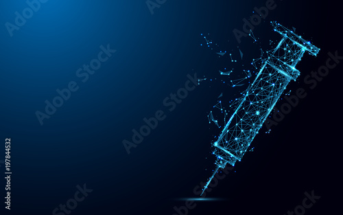 Abstract Syringe closeup form lines and triangles, point connecting network on blue background. Illustration vector
