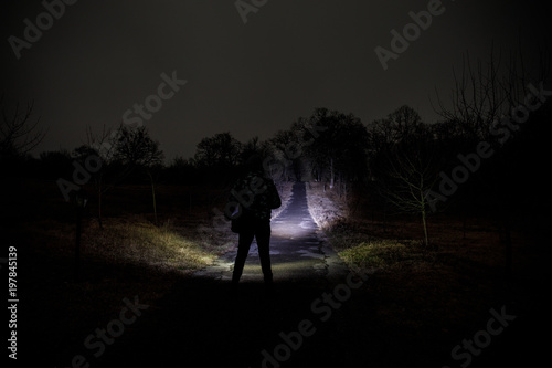 strange light in a dark forest at night. Silhouette of person standing in the dark forest with light. Dark night in forest at fog time. Surreal night forest scene. Horror halloween concept.