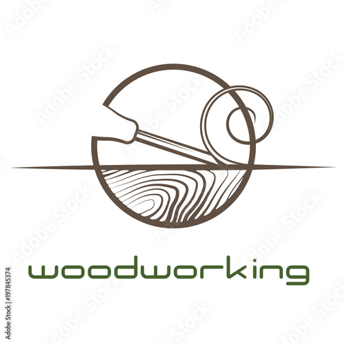 an illustration consisting of an image of a chisel plowing a tree and the inscription "woodworking"