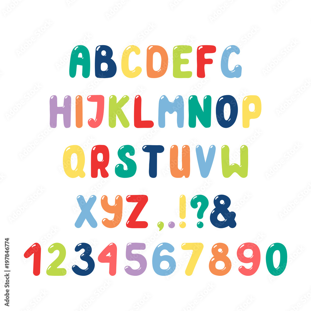 Hand drawn cute and bright roman alphabet with numbers, punctuation marks. Make your own festive lettering. Isolated letters on white background. Vector illustration.