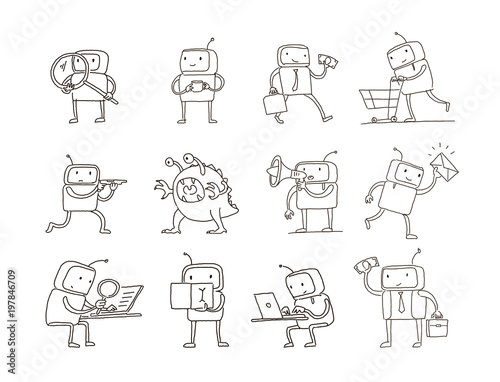 Sketch robot set alien character with business mail search money. Different situations. Hand drawn black line vector illustration.