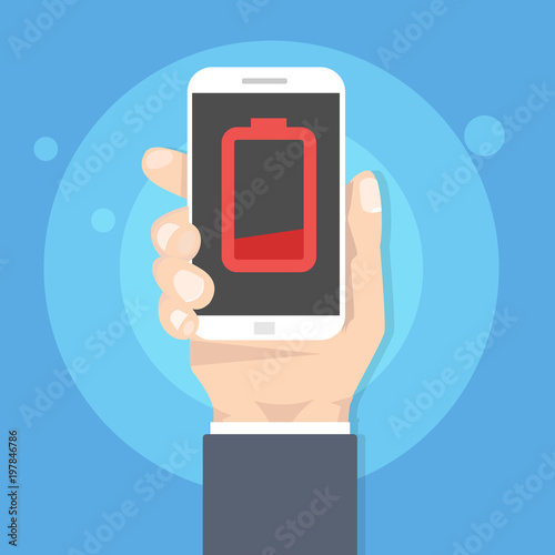 Low battery smartphone in hand. Flat style vector illustration.