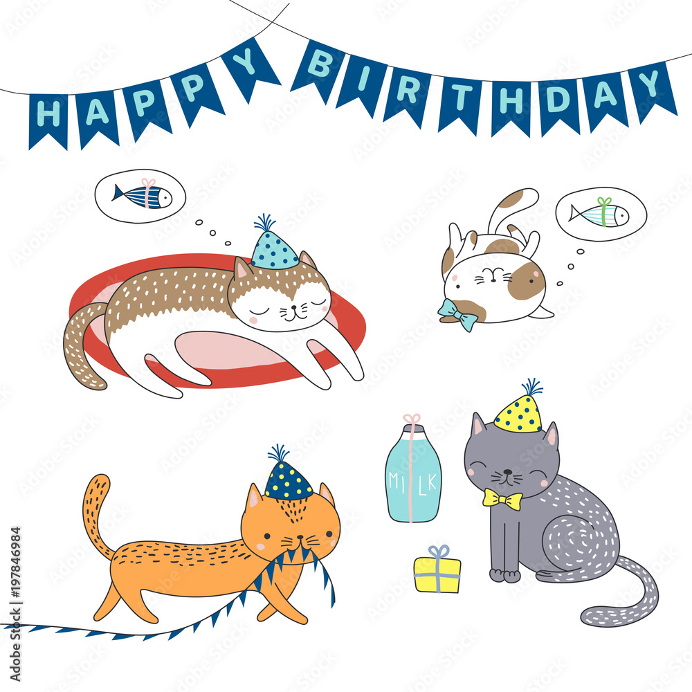 Naklejka premium Collection of hand drawn cute funny cartoon cats in party hats, with presents, typography. Isolated objects on white background. Vector illustration. Design concept for children, birthday celebration.