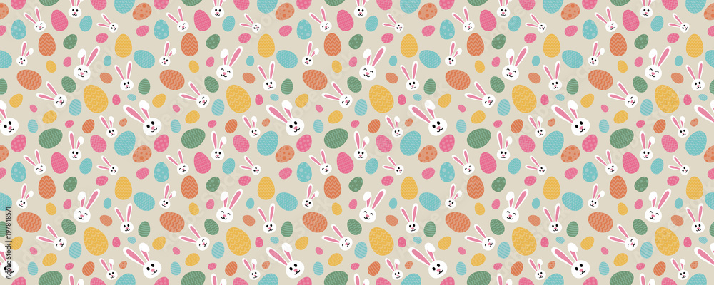 Concept of Easter wallpaper with bunnies and eggs - seamless background. Vector.