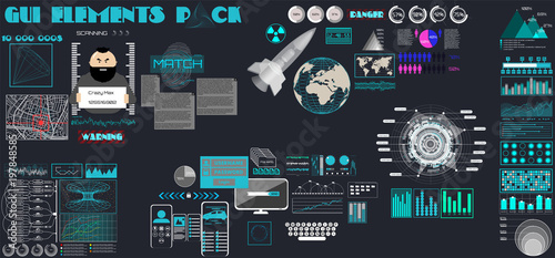 GUI. Set of different items for game user interface. Flat interface in the style of a cartoon HUD, infographic, technology elements, dashboard, business, 3d rocket and much more. gui, ui, kit, hud.