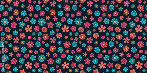 Cute seamless pattern with hand drawn flowers. Mother's Day, Woman's Day and Valentine's Day. Vector..