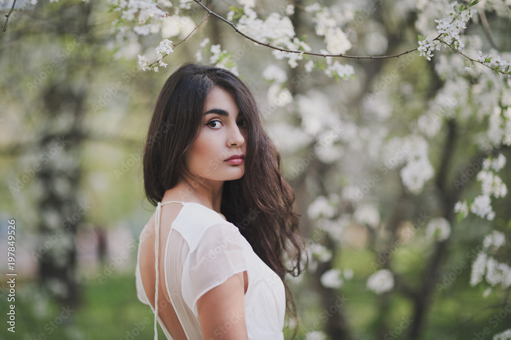 Beautiful pensive brunette girl with long hair in romantic white dress in a flowery spring garden with a cherry tree. The trees are covered with white delicate flowers. Beautiful pensive brunette girl with long hair in romantic white dress in a flowery spring garden with a cherry tree. The trees are covered with white delicate flowers.