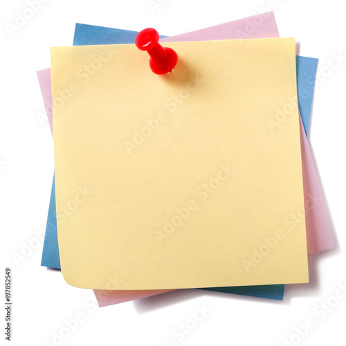 Untidy stack various different colors yellow on top sticky post it note pinned pushpin isolated on white background photo