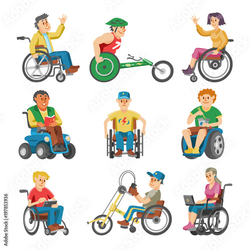 Disabled people in wheelchair vector character of handicapped person with physical disability illustration set of invalid man sitting in wheeled chair with isolated on white background