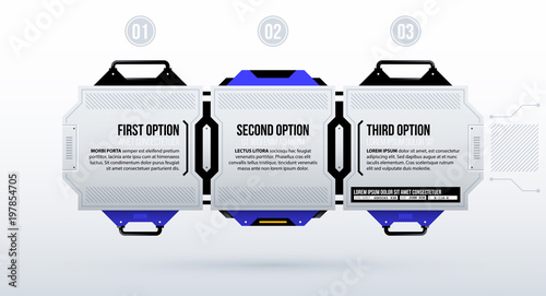 Three futuristic options in clean hi-tech/techno style on white background