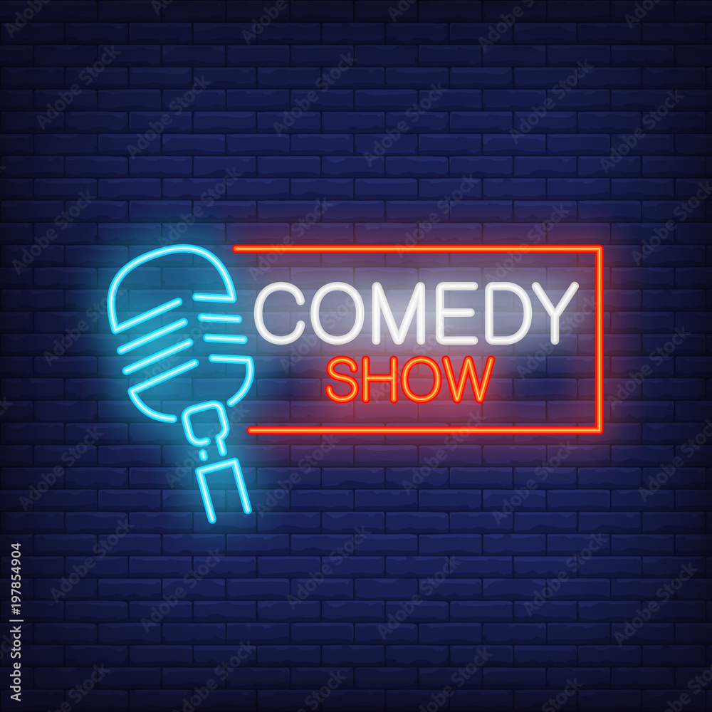 Comedy show neon sign. Microphone with rectangular frame on brick wall ...