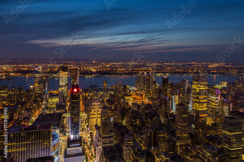 Aerial view of Manhattan at night, New York.