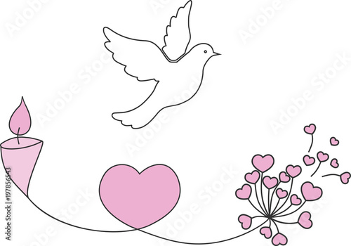 Une colombe blanche avec une bougie, un coeur et une fleur pour illustrer la commémoration, la paix et l'amour