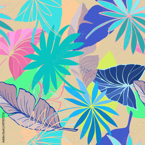 vector seamless beautiful artistic bright tropical pattern with banana, Syngonium and Dracaena leaf, summer beach fun, colorful original stylish floral background print, fantastic forest