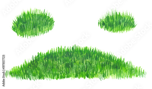 Template background with bright green meadow and two extra patches of grass painted in watercolor on clean white background