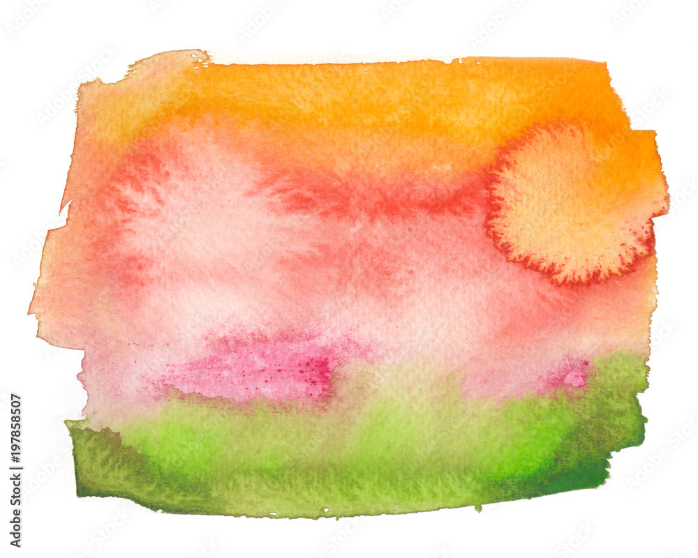 Bright yellow, pink and green rectangular backdrop painted in watercolor on clean white background