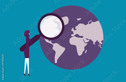 Businesswoman holding magnifying glass searching world map. Vector illustration success business concept.