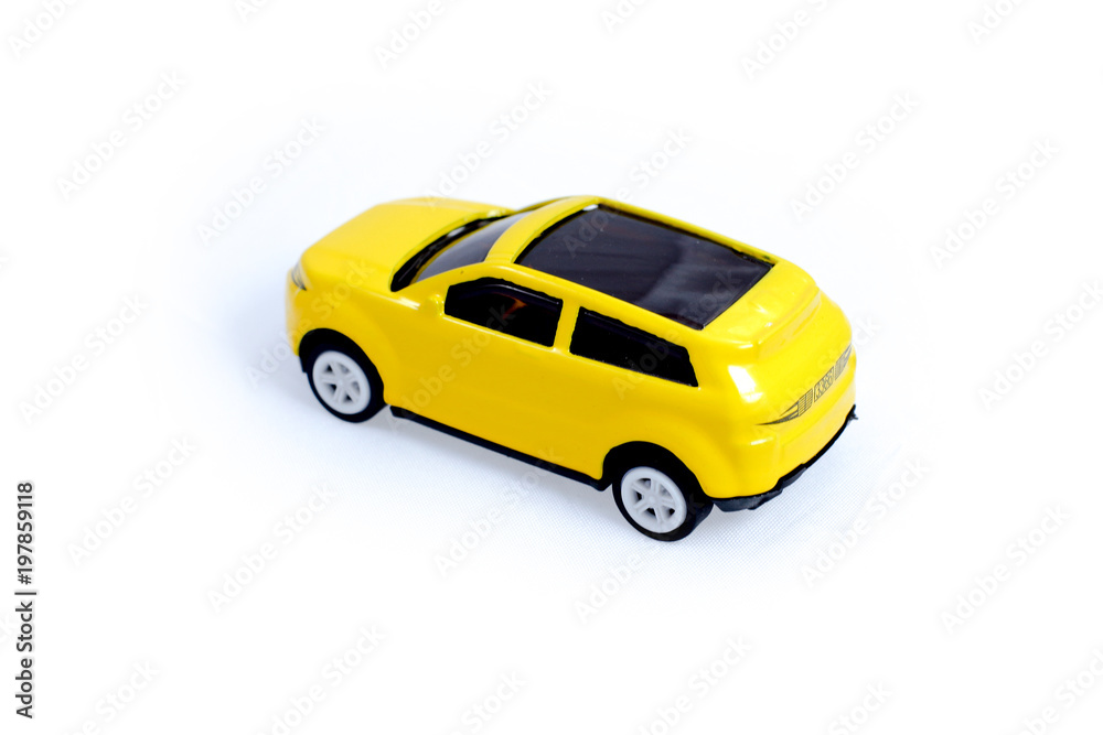 Toy car sedan suv yellow car for kid children on white background  