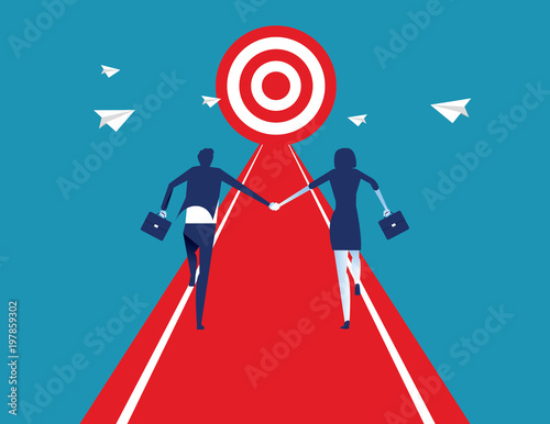 Business team people handshake and running to success target. Concept business vector illustration.