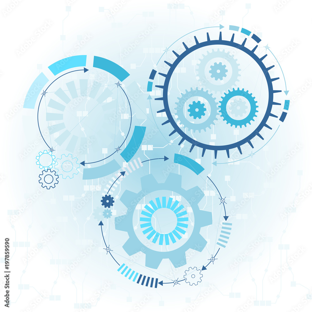 Abstract futuristic on light blue color background. Vector illustration gear wheel, hexagons and circuit board, Hi-tech digital technology and engineering. Digital telecom technology concept. 