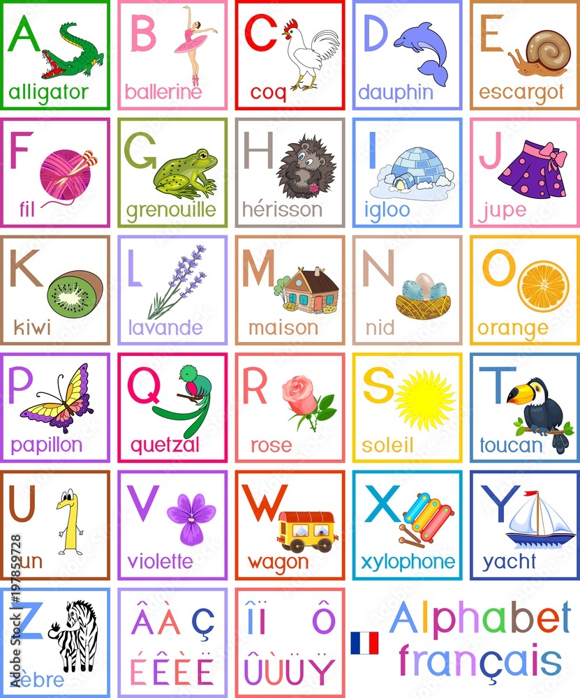 French alphabet with pictures and titles for children education