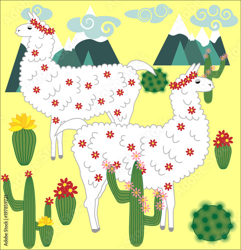 Vector cute Alpaca. Llama animals and cactus. Llama Alpaca. Cartoon animal.