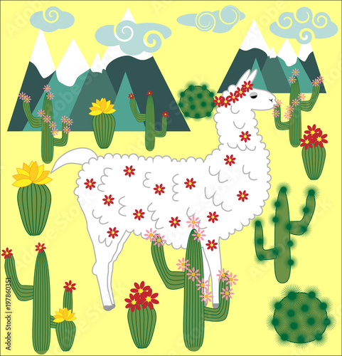 Vector cute Alpaca. Llama animals and cactus. Llama Alpaca. Cartoon animal.