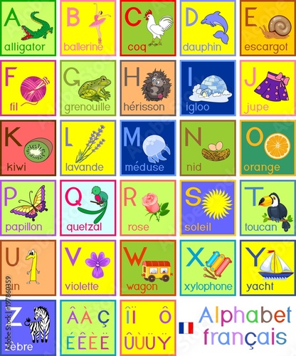 Colorful French alphabet with pictures and titles for children education