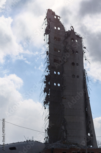 Demolition of abandoned television tower in Ekaterinburg in 24th of March 2018. remains of the destroyed tower