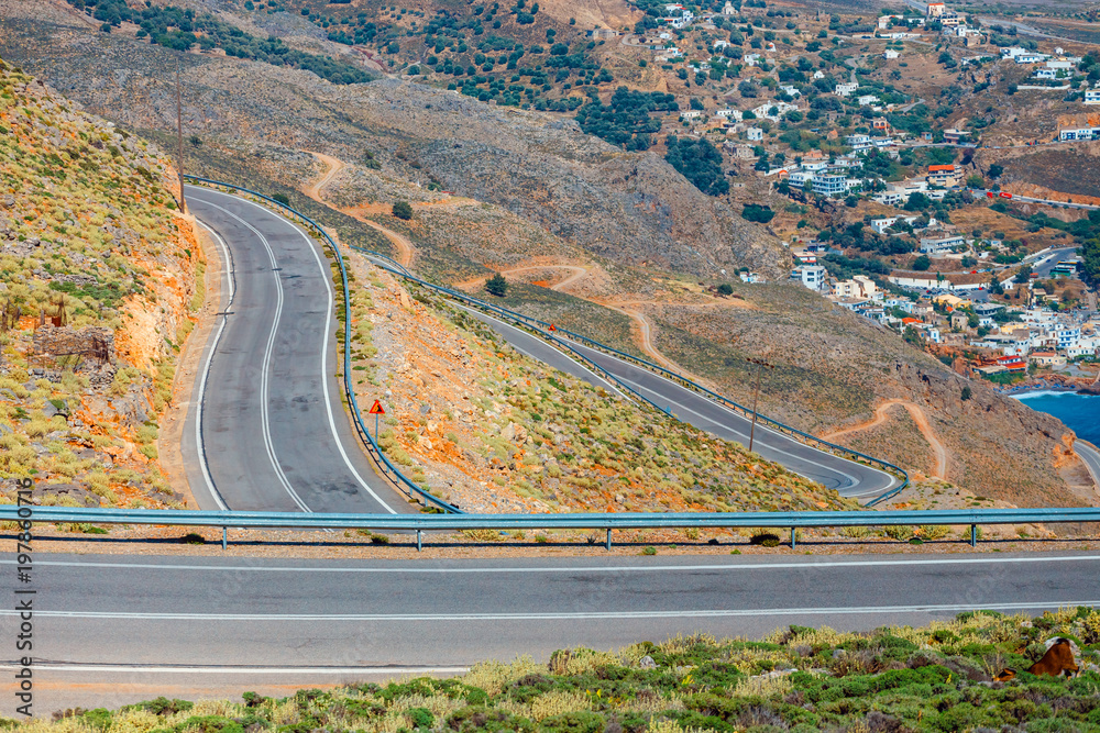 New curvy road near Chora Sfakion town on Crete, Greece