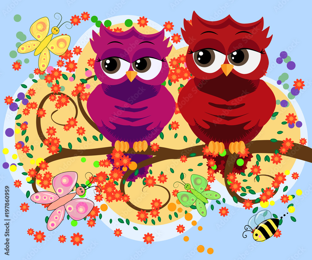 A family of colorful, bright, lovely cartoon owls on the branches of flowering trees. Moms, dads, children. Card A family of colorful, bright, lovely cartoon owls on the branches of flowering trees. Moms, dads, children. Card