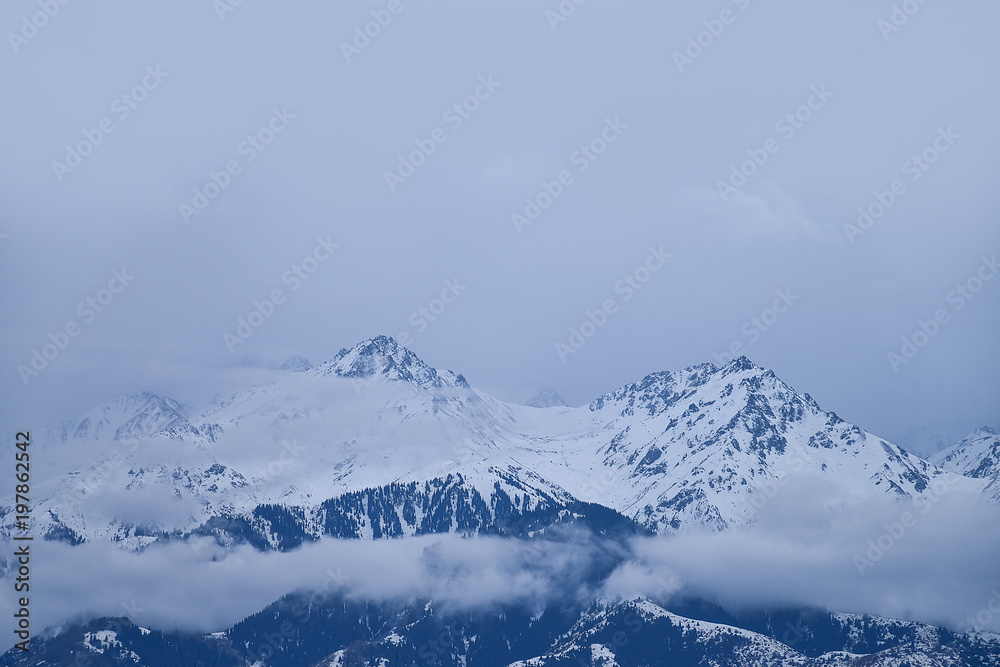 Mountains in cloudy weather, Kazakhstan, Qazaqstan, Almaty (late autumn, winter, early spring). Panoramic view (Backgrounds/Textures)
