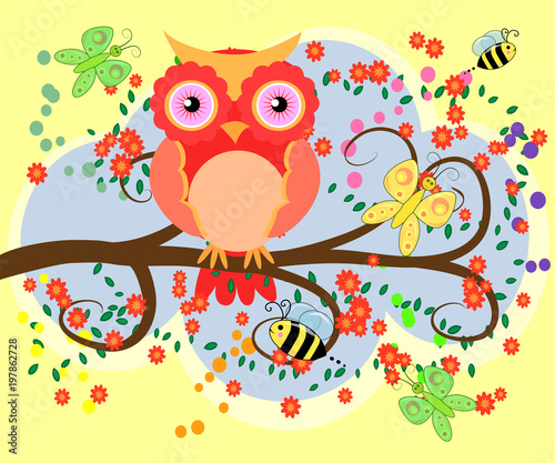 Bright  cartoonish  flirtatious  loving owls on the flowering branches of a tree. Spring  summer  girlfriends